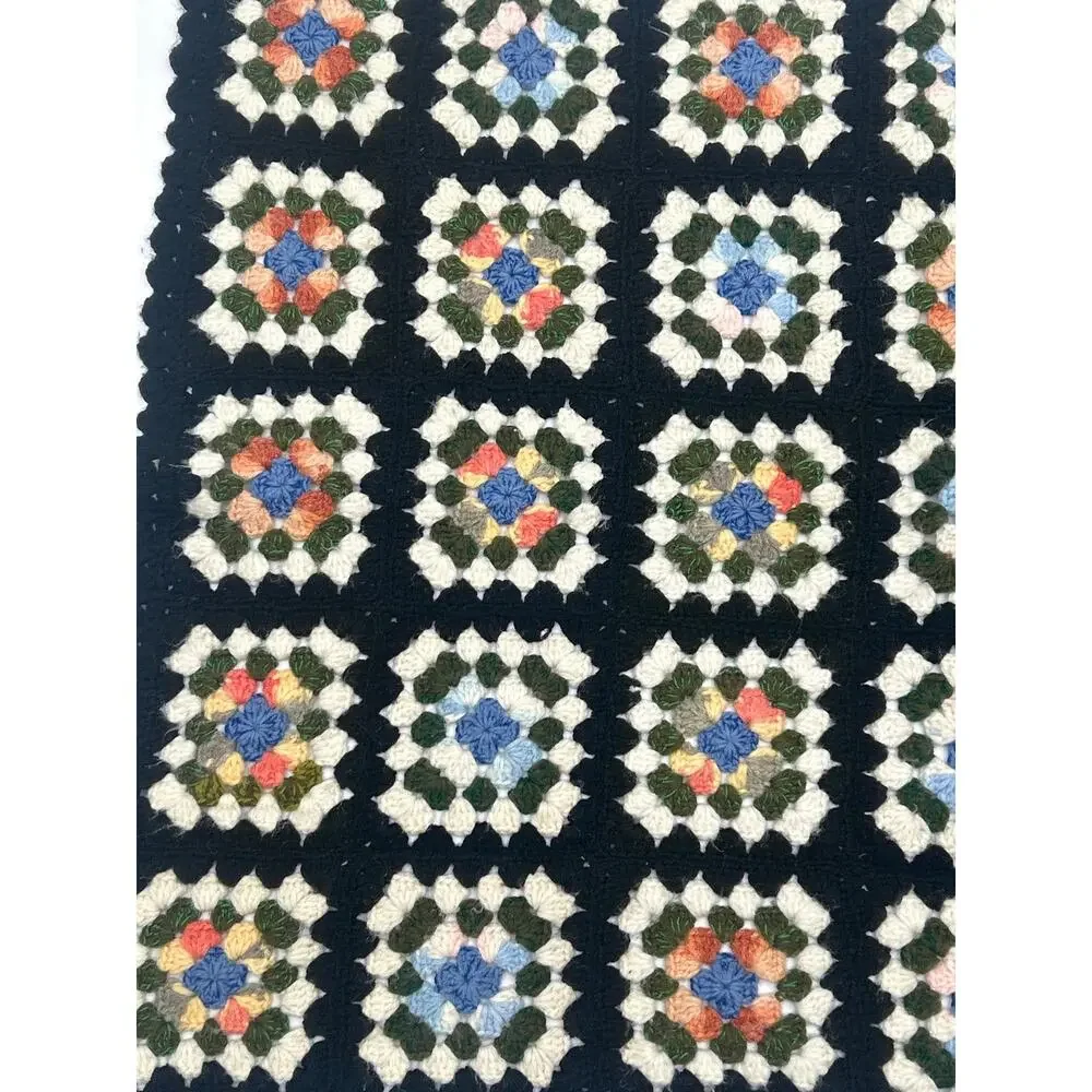 Vintage Crochet Granny Square Afghan Throw Blanket Black Multicolor 39x31 Boho